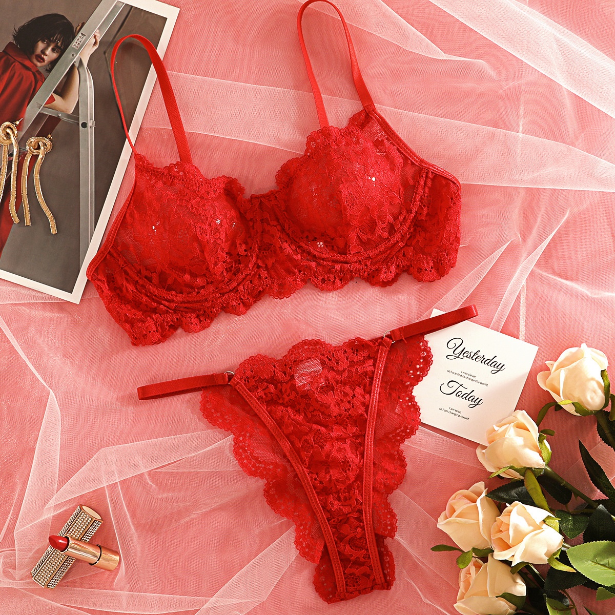 Sexy Lace Trim Sheer Lingerie Set for Women - Image 7