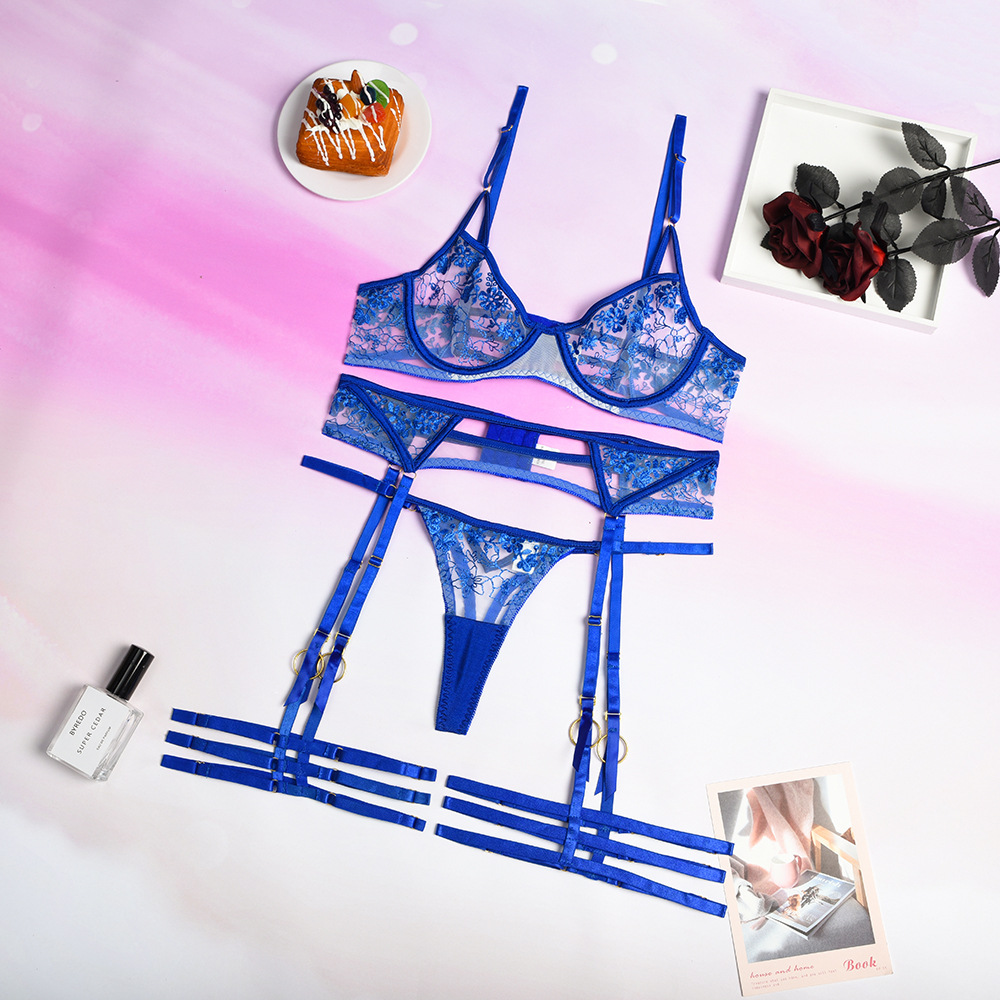 Women's Blue Embroidered Sexy Lingerie Set - Image 7
