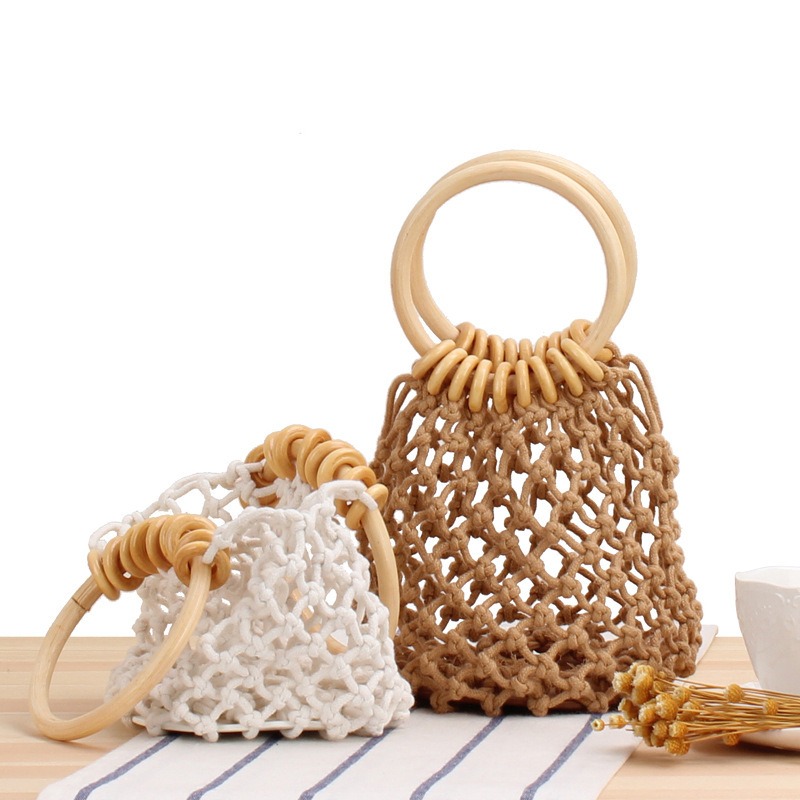 The new solid color net bag hand woven bag forest hand tied cotton thread hand carry seaside holiday beach bag - Image 4