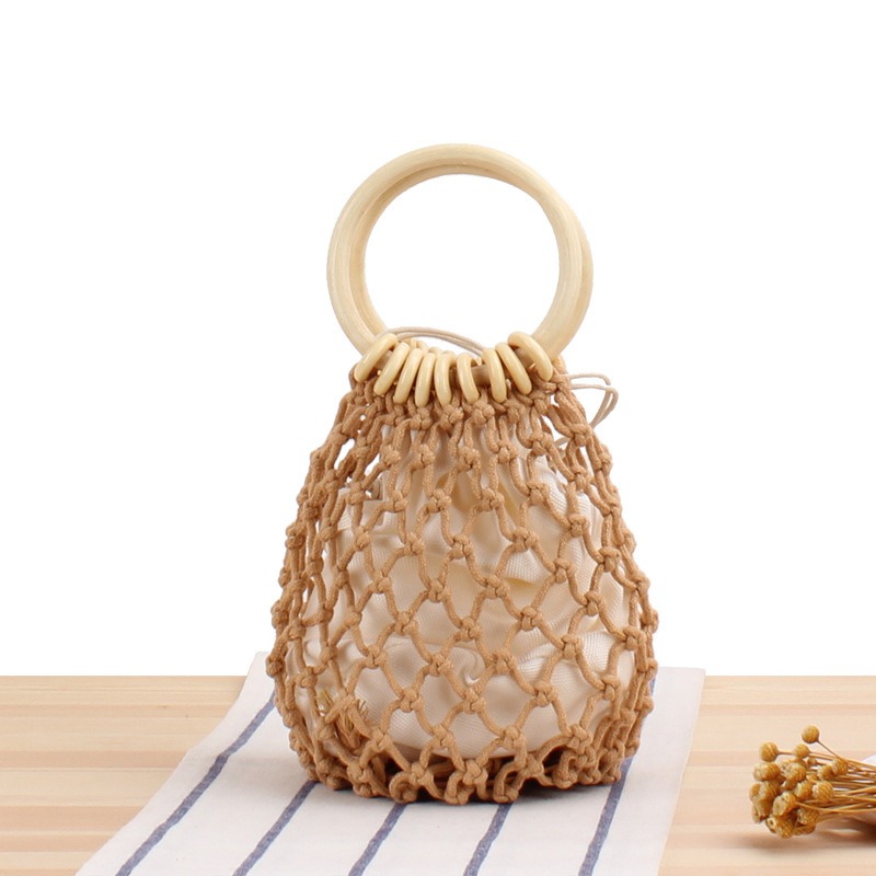 The new solid color net bag hand woven bag forest hand tied cotton thread hand carry seaside holiday beach bag - Image 7