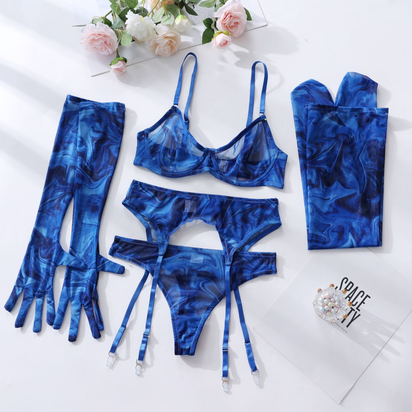 Lingerie Set with Gloves and Stockings - Mesh Printed Design - Image 9