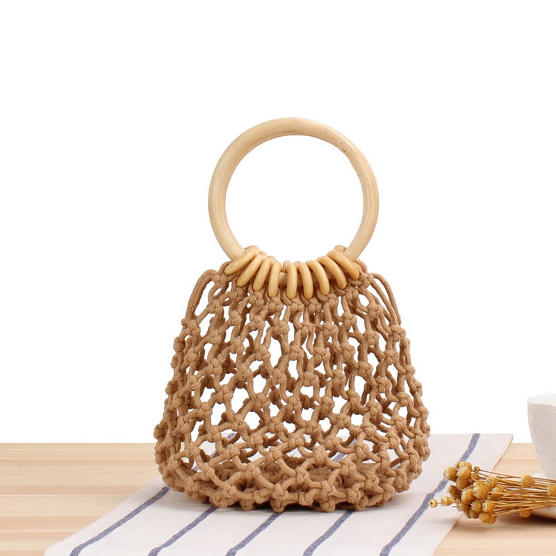 The new solid color net bag hand woven bag forest hand tied cotton thread hand carry seaside holiday beach bag - Image 5