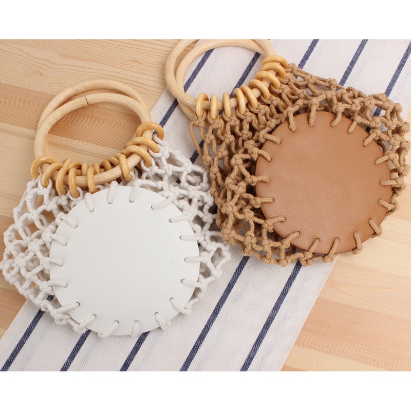 The new solid color net bag hand woven bag forest hand tied cotton thread hand carry seaside holiday beach bag - Image 2